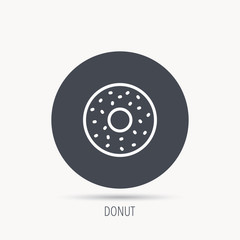 Donut icon. Sweet doughnuts sign. Breakfast dessert symbol. Round web button with flat icon. Vector