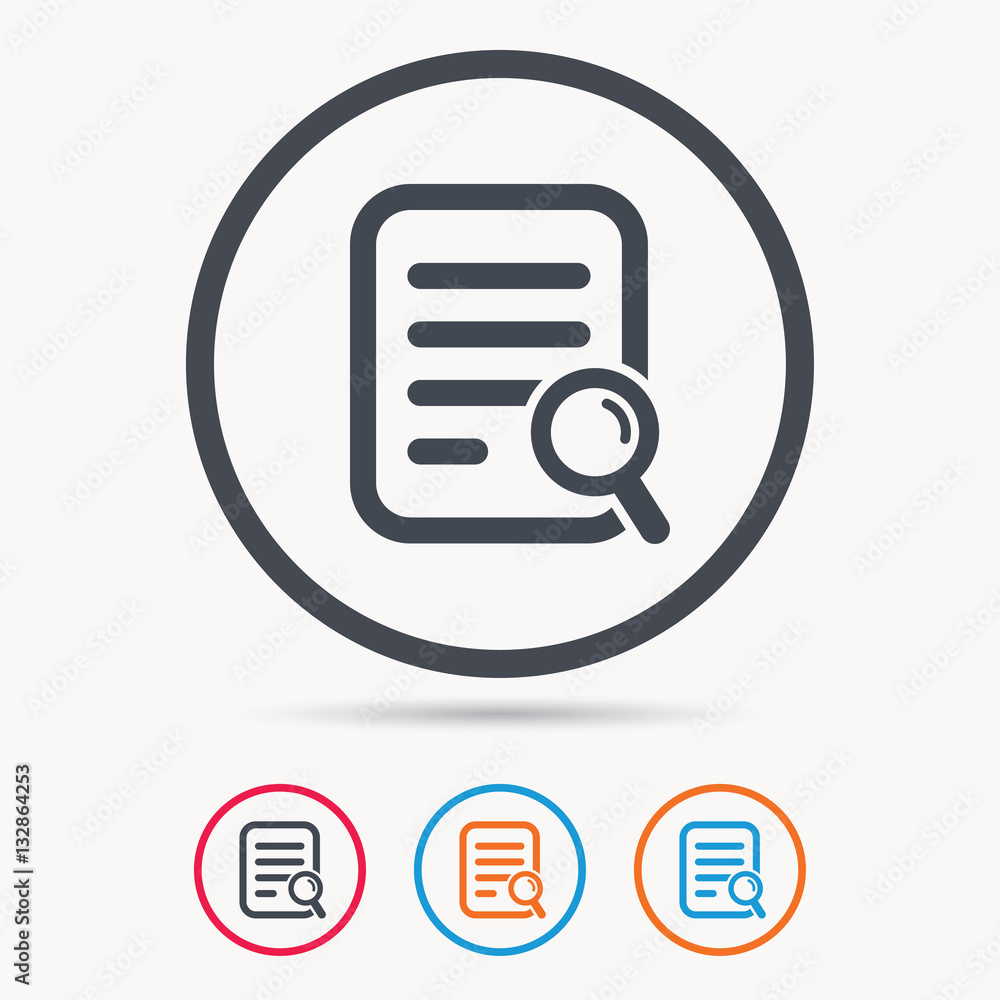 Poster file search icon. document page with magnifier tool symbol. colored circle buttons with flat web ico