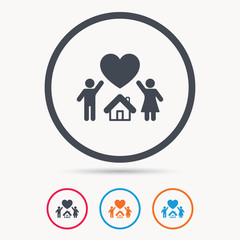 Family icon. Father, mother and child symbol. Colored circle buttons with flat web icon. Vector