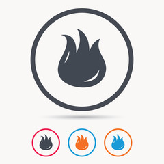 Fire icon. Blazing bonfire flame symbol. Colored circle buttons with flat web icon. Vector