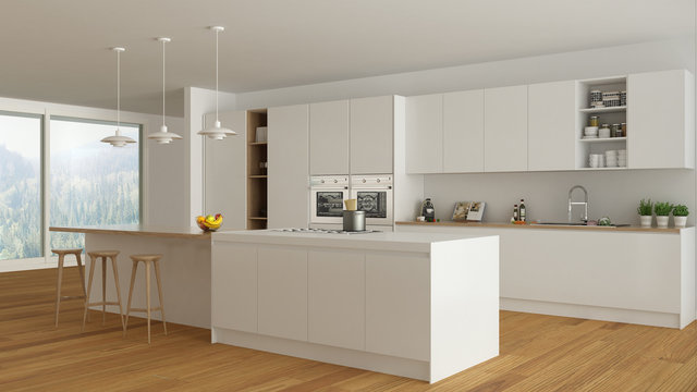 Scandinavian white kitchen with wooden and white details, minima