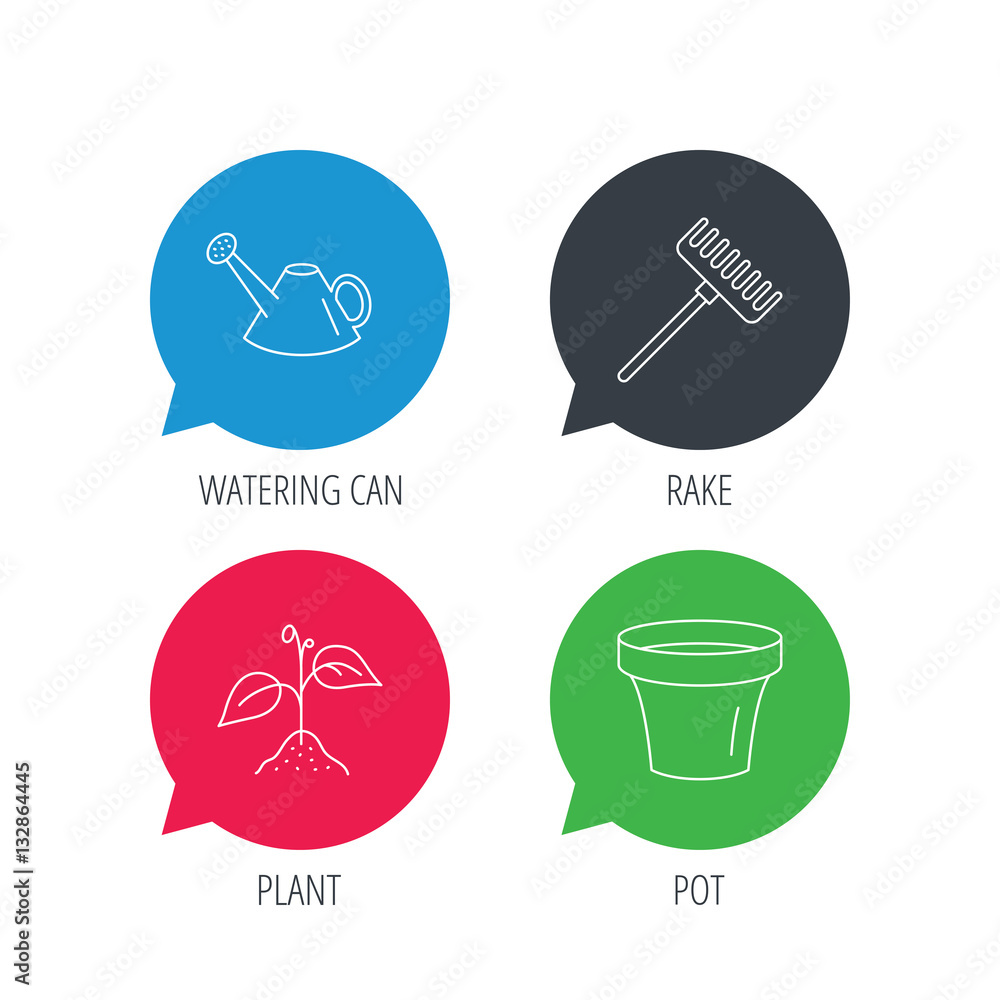 Poster colored speech bubbles. sprout plant, watering can and pot icons. rake linear sign. flat web buttons