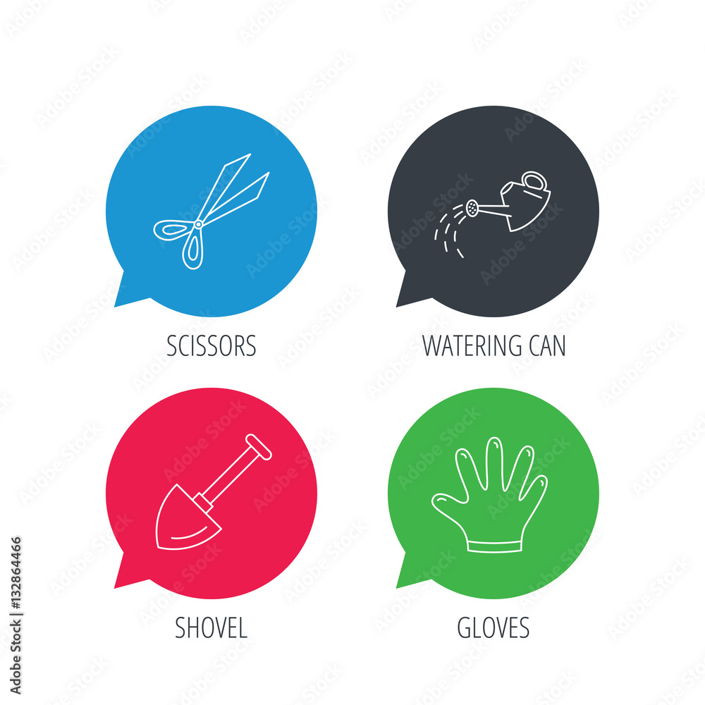 Poster colored speech bubbles. scissors, shovel and gloves icons. watering can linear sign. flat web button