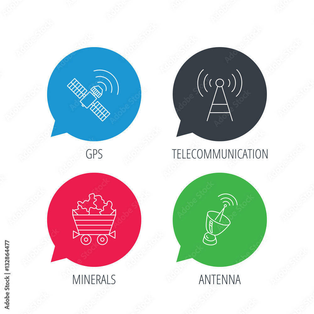 Poster colored speech bubbles. telecommunication, minerals and antenna icons. gps satellite linear sign. fl