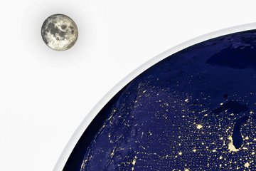Night Earth and moon isolated on white background, 3D illustration. USA in night. Elements of this image furnished by NASA