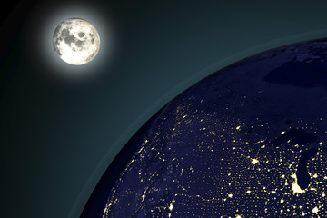 Night Earth and moon, 3D illustration. USA in night. Elements of this image furnished by NASA