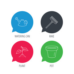 Colored speech bubbles. Sprout plant, watering can and pot icons. Rake linear sign. Flat web buttons with linear icons. Vector