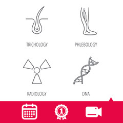 Fototapeta premium Achievement and video cam signs. Phlebology, trichology and DNA icons. Radiology linear sign. Calendar icon. Vector