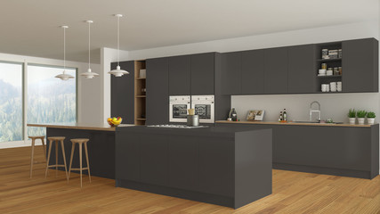 Scandinavian white kitchen with wooden and gray details, minimal