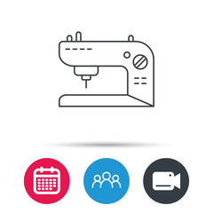 Sewing machine icon. Embroidery sign. Group of people, video cam and calendar icons. Vector