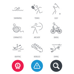 Achievement and search magnifier signs. Swimming, tennis and golf icons. Biking, diving and gymnastics linear signs. Archery, boating and bobsleigh icons. Hazard attention icon. Vector