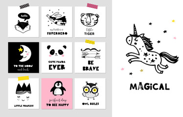 Scandinavian style, simple design, clean and cute black, white illustrations, collection of cards, posters for children room, nursery decor, interior design