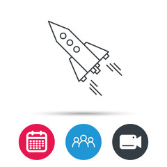 Startup business icon. Rocket sign. Spaceship shuttle symbol. Group of people, video cam and calendar icons. Vector
