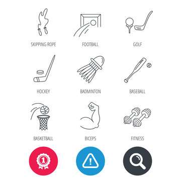 Achievement and search magnifier signs. Skipping rope, football and golf icons. Hockey, baseball and badminton linear signs. Basketball, biceps and fitness sport icons. Hazard attention icon. Vector