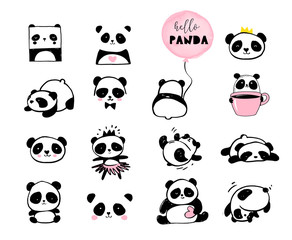 Fototapety  Słodki Miś Panda ilustracje, kolekcja ręcznie rysowane elementy wektorowe, czarno-białe ikony