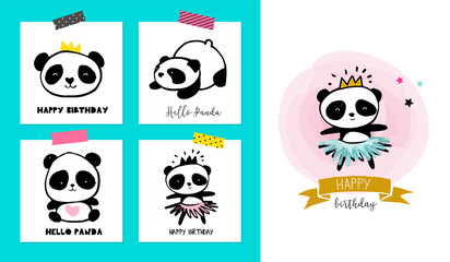 Obraz premium Cute Panda bear illustrations, collection of colorful simple style cards, posters