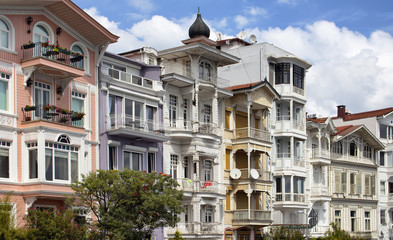 Traditional, historical, colourful, old buildings by Bosphours in Istanbul. Architectural details shows the style dated in 19th century. Historic neighborhood famous for its wooden Ottoman mansions