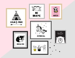Scandinavian style, simple design, clean and cute black, white illustrations, collection of posters for children room, nursery decor, interior design