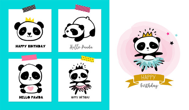 Cute Panda bear illustrations, collection of colorful simple style cards, posters