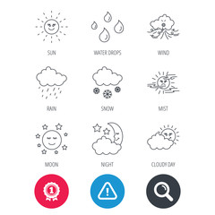 Achievement and search magnifier signs. Weather, sun and rain icons. Moon night, clouds and mist linear signs. Wind, cloudy day and water drops flat line icons. Hazard attention icon. Vector