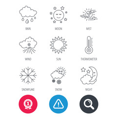 Achievement and search magnifier signs. Weather, sun and rain icons. Moon night, clouds and mist linear signs. Wind and snowflakes flat line icons. Hazard attention icon. Vector