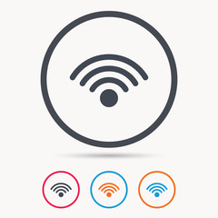 Wifi icon. Wireless internet sign. Communication technology symbol. Colored circle buttons with flat web icon. Vector