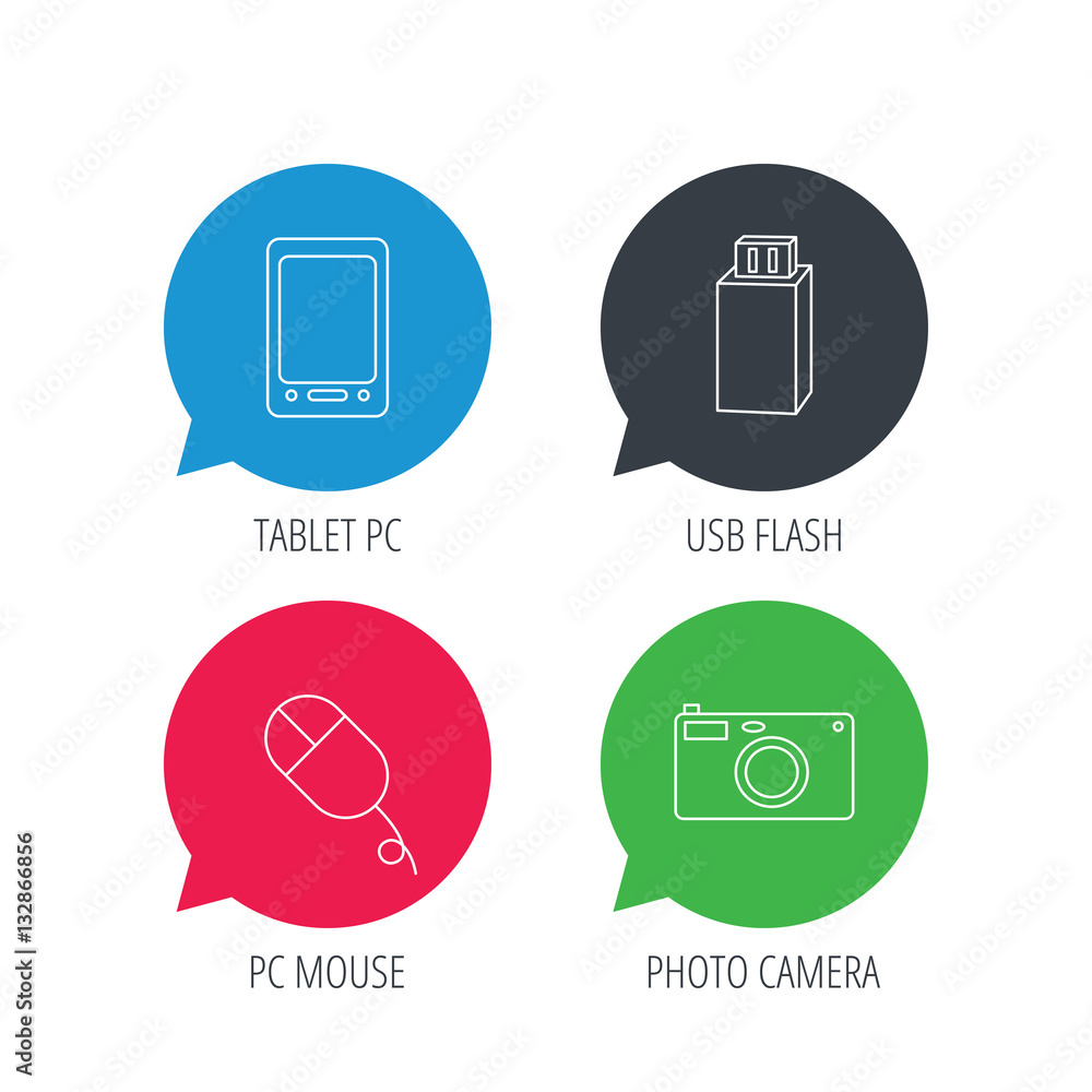 Poster Colored speech bubbles. Tablet PC, USB flash and photo camera icons.PC mouse linear sign. Flat web buttons with linear icons. Vector