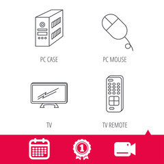 Achievement and video cam signs. PC mouse, TV remote and computer icons. Widescreen TV linear sign. Calendar icon. Vector