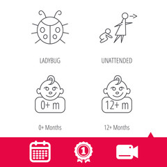 Fototapeta premium Achievement and video cam signs. Infant child, ladybug and 0+ months child icons. Unattended child linear sign. Calendar icon. Vector