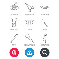 Achievement and search magnifier signs. Medical mask, capsules and dental pliers icons. Surgical lamp, scalpel and drop counter linear signs. Tweezers, pipette and forceps flat line icons. Vector