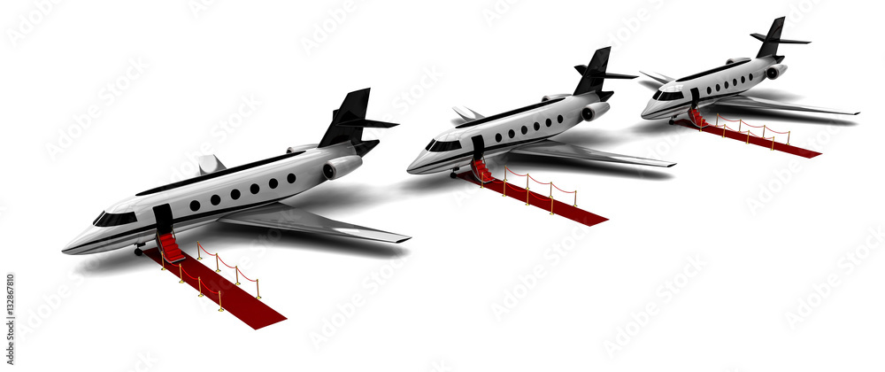 Poster red carpet private jet fleet / 3d render image representing a private jet fleet