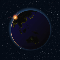 Earth sunrise vector illustration. Asia and Australia night from space.