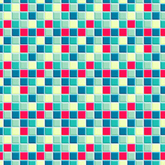 Bright pattern consisting from red, light and dark emerald, light yellow and vivd blue squares
