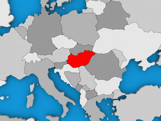 Fototapeta na wymiar Hungary in red on globe