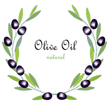 Olive Oil label, olive branch wreath with green leafs and black fruits on white, stock vector illustration