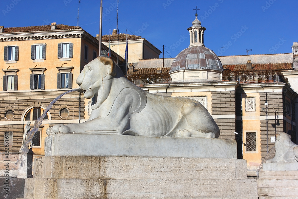 Wall mural fountain in the form of a lying lion, piazza del popolo, rome