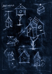 Blue handmade diagram of how to build a birdhouse