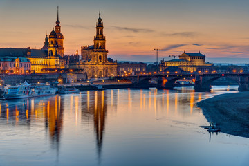 Sunset at the historic center of Dresden with the river Elbe