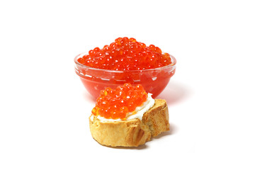 sandwich with red caviar on white background