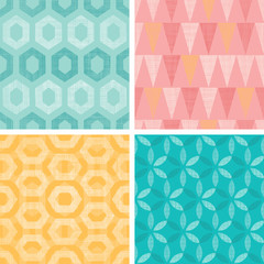 Vector Set Of Vintage Geometric Abstract Seamless Patterns Backgrounds With Linen Texture. Perfect for vintage and modern fabric, scrapbooking, wallpaper, packaging.