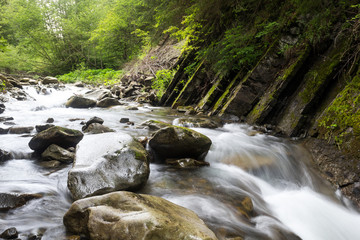 Geology rocks lie on the banks of the river in the middle of the forest.