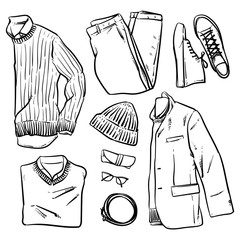 Hand drawn vector clothing and accessories. Men fashion wear. Ca