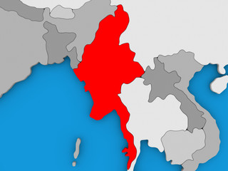 Myanmar in red on globe