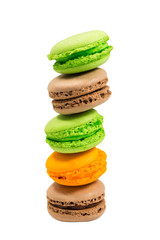 Colorful macarons on white background. Macaron or Macaroon is sweet meringue-based confection