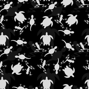 Seamless monochrome pattern with lizard, frog and turtle silhouettes
