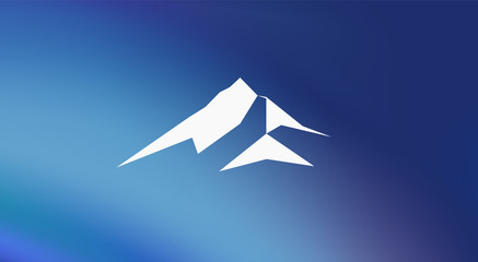 Fototapeta na wymiar Snow mountains peak (Everest) logo. Much triangles. Blue background. Can be used as sports badge, emblem of mineral water, tourism banner, travel icon, sign, decor...
