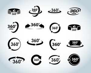 360 Degrees View Vector Icons set. Virtual reality icons. Isolated vector illustrations. Black and white version.