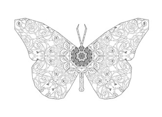 Silhouette of butterfly with circular ornament like spiderweb.  Floral mandala art.
