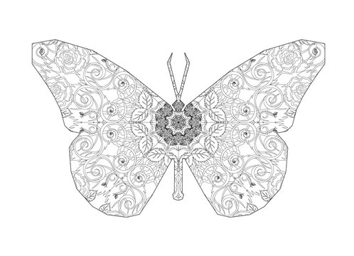 Silhouette of butterfly with circular ornament like spiderweb.  Floral mandala art.