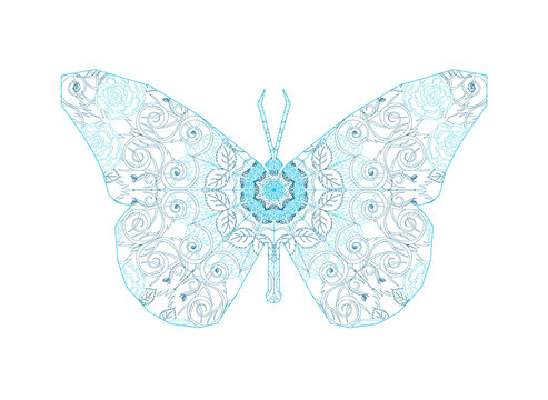 Silhouette of butterfly with circular ornament like spiderweb in blue tones . Floral mandala art.